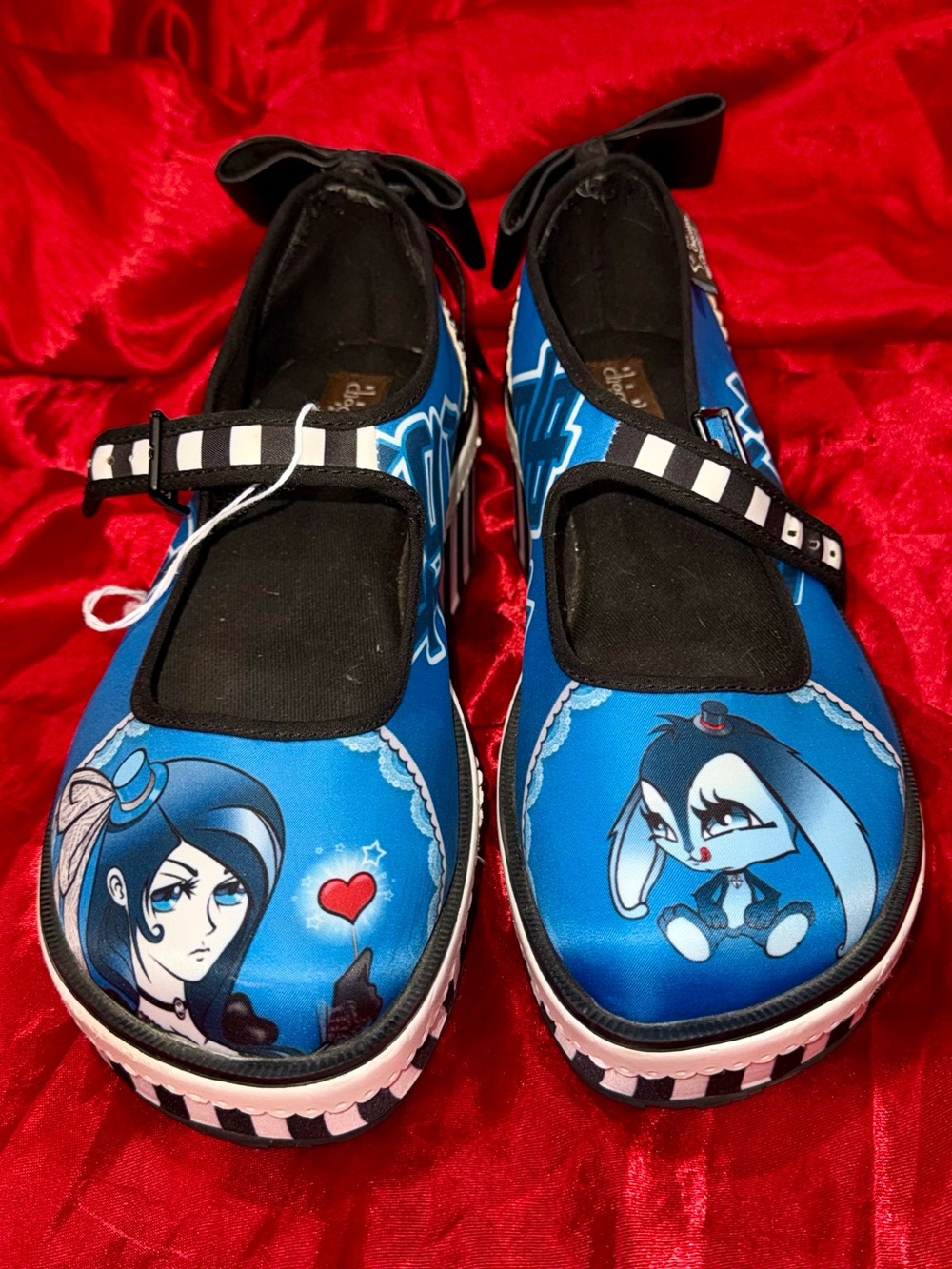 Mary Jane Blue Cartoon Graphic Mary Janes with Black Straps